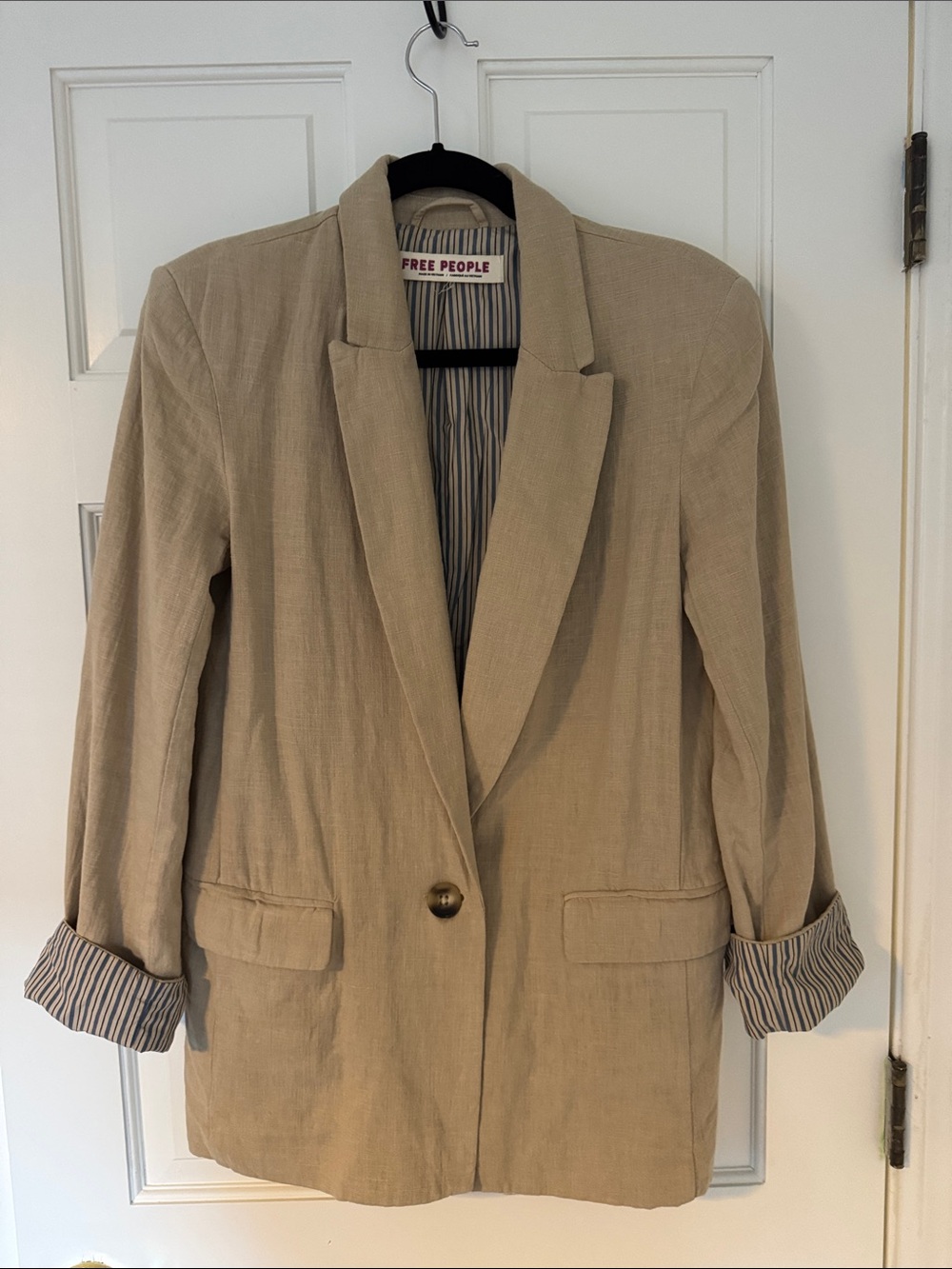 Free People Tan Linen-Blend Single-Button Blazer